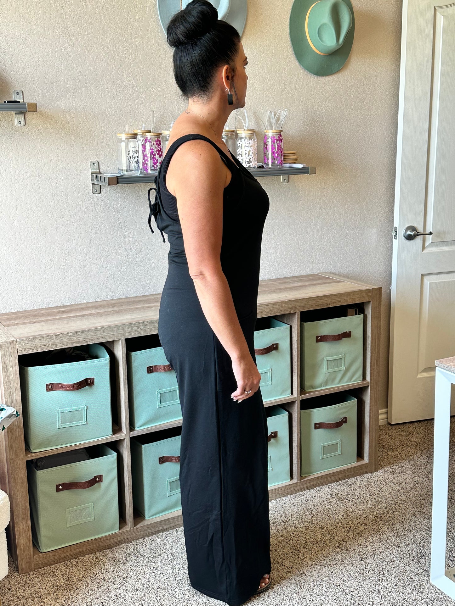 Black Knit Wide Leg Jumpsuit with Pocket